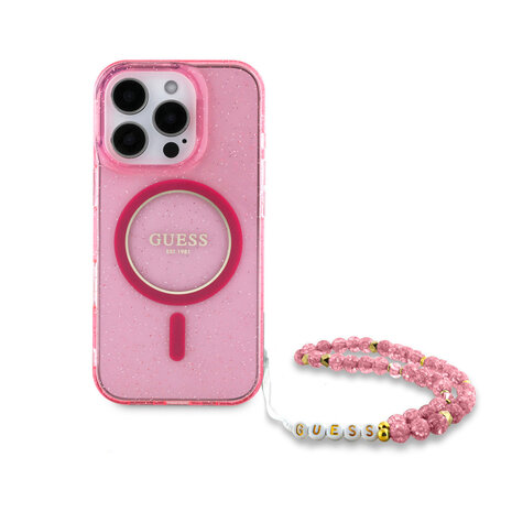 Guess Guess iPhone 16 Pro Max Back cover case - Magsafe - Glitter - Pearl Strap - Pink