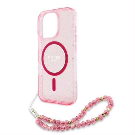 Guess Guess iPhone 16 Pro Max Back cover case - Magsafe - Glitter - Pearl Strap - Pink