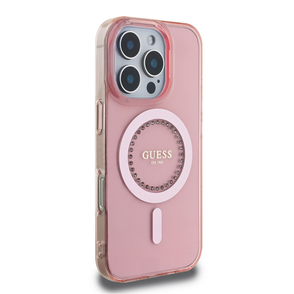 Guess Guess iPhone 16 Pro Max Back cover coque - Magsafe IML - Rhinestones - Rose Guess Guess iPhone 16 Pro Max Back cover coque - Magsafe IML - Rhinestones - Rose