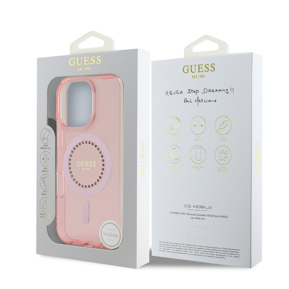 Guess Guess iPhone 16 Pro Max Back cover coque - Magsafe IML - Rhinestones - Rose Guess Guess iPhone 16 Pro Max Back cover coque - Magsafe IML - Rhinestones - Rose