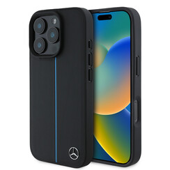 Mercedes-Benz iPhone 16 Pro Backcover hoesje - Magsafe - Genuine Leather - Blue Line - Zwart