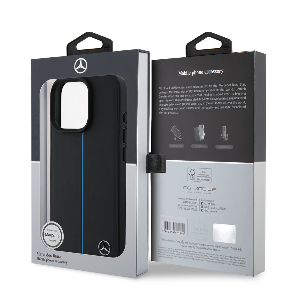 Mercedes-Benz Mercedes-Benz iPhone 16 Pro Backcover hoesje - Magsafe - Genuine Leather - Blue Line - Zwart Mercedes-Benz Mercedes-Benz iPhone 16 Pro Backcover hoesje - Magsafe - Genuine Leather - Blue Line - Zwart