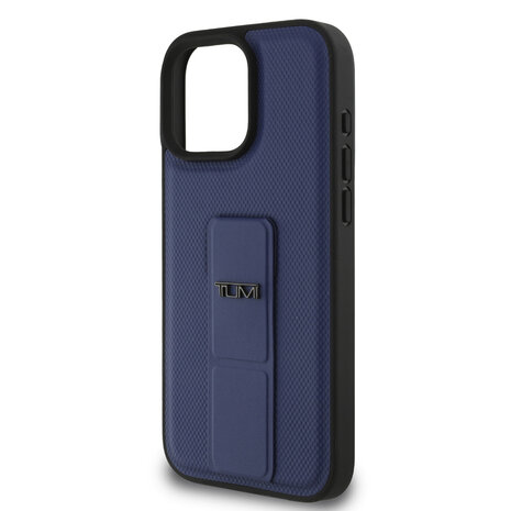 Tumi Tumi iPhone 16 Pro Max Back cover coque - Leather with Grip Stand - Embossed Balistic Pattern - Bleu Tumi Tumi iPhone 16 Pro Max Back cover coque - Leather with Grip Stand - Embossed Balistic Pattern - Bleu