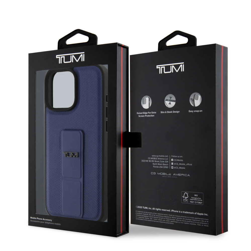 Tumi Tumi iPhone 16 Pro Max Back cover case - Leather with Grip Stand - Embossed Balistic Pattern - Blue