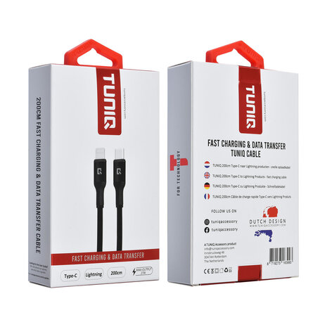 TUNIQ TUNIQ USB-C naar Lightning Kabel 200cm - Snelle oplaadkabel - Zwart TUNIQ TUNIQ USB-C naar Lightning Kabel 200cm - Snelle oplaadkabel - Zwart