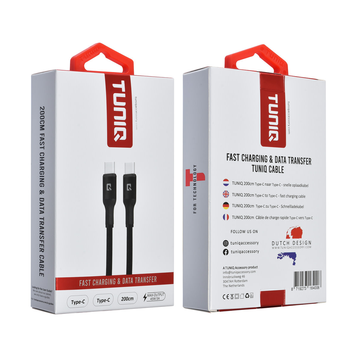 TUNIQ TUNIQ USB-C naar USB-C Kabel 200cm - Snelle oplaadkabel - Zwart, foto 2 van 2