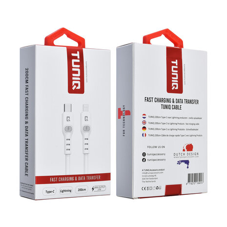 TUNIQ TUNIQ Câble de charge rapide - USB-C vers Lightning Câble 200cm - Blanc TUNIQ TUNIQ Câble de charge rapide - USB-C vers Lightning Câble 200cm - Blanc