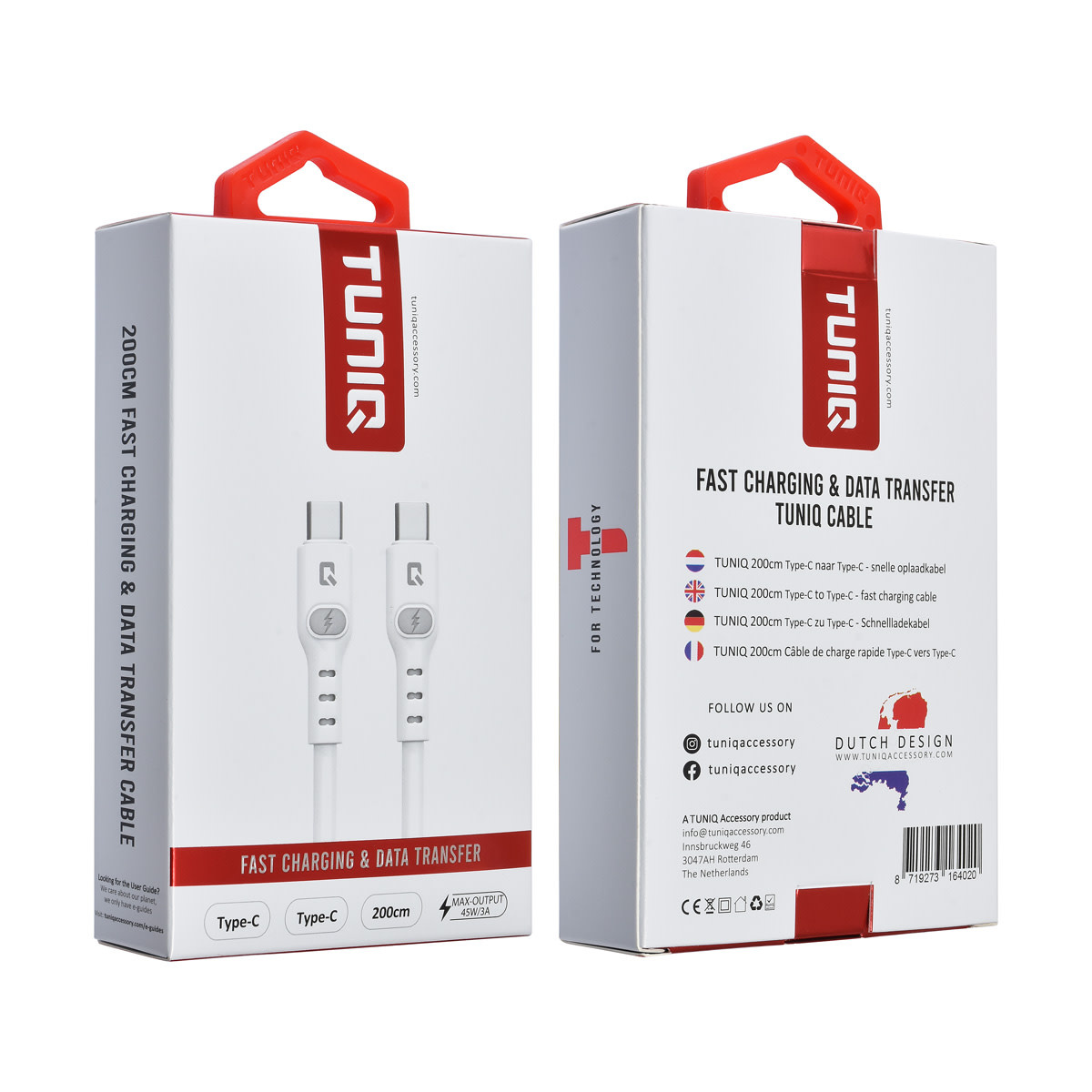 TUNIQ TUNIQ USB-C naar USB-C Kabel 200cm - Snelle oplaadkabel - Wit, foto 2 van 2