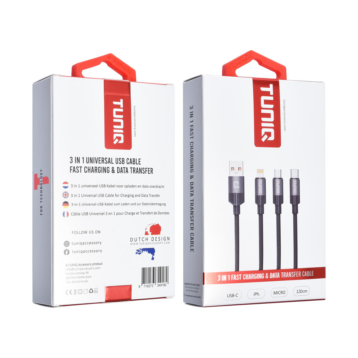 TUNIQ TUNIQ 3 in 1 USB Oplaad- en dataoverdracht kabel 100cm - Zwart, foto 2 van 2