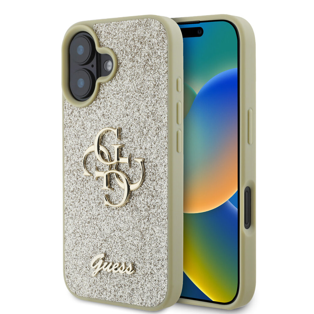 Guess Guess iPhone 16 Backcover hoesje - Big 4G - Fixed Glitter - Goud Guess Guess iPhone 16 Backcover hoesje - Big 4G - Fixed Glitter - Goud