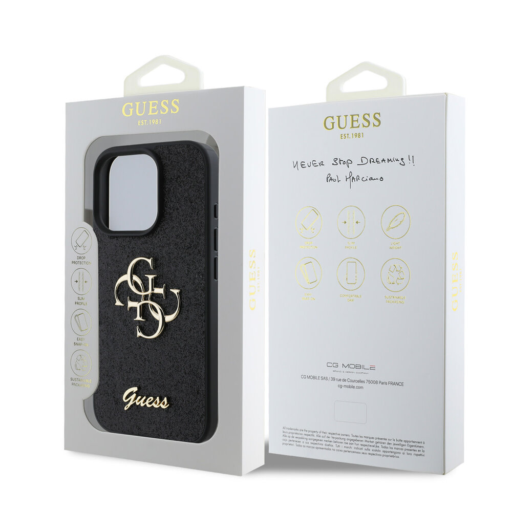 Guess Guess iPhone 16 Pro Max Back cover coque - Big 4G - Fixed Glitter - Noir Guess Guess iPhone 16 Pro Max Back cover coque - Big 4G - Fixed Glitter - Noir