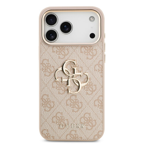Guess Guess iPhone 17 Pro Max/iPhone 18 Pro Max Coque arrière 4G Grand logo métallique Bord doré - Rose
