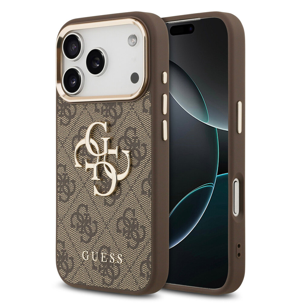 Guess Guess iPhone 17 Pro Back-Cover hul - 4G - Big Metal Logo - Gold Edge - Braun Guess Guess iPhone 17 Pro Back-Cover hul - 4G - Big Metal Logo - Gold Edge - Braun