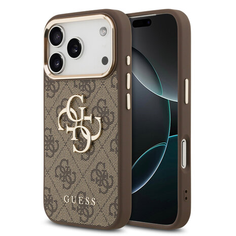 Guess Guess iPhone 17 Pro Max Backcover hoesje - 4G - Big Metal Logo - Gold Edge - Bruin Guess Guess iPhone 17 Pro Max Backcover hoesje - 4G - Big Metal Logo - Gold Edge - Bruin