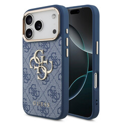 Guess iPhone 17 Pro/iPhone 18 Pro Handyhülle 4G Großes Metalllogo Goldfarbener Rand - Blau