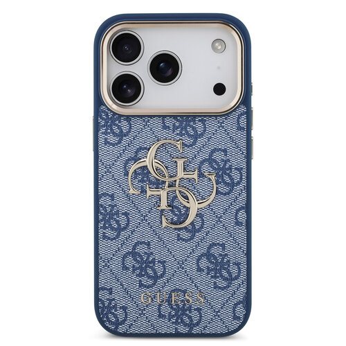 Guess Guess iPhone 17 Pro/iPhone 18 Pro Coque arrière 4G Grand logo métallique Bord doré - Bleu