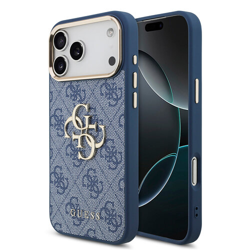 Guess Guess iPhone 17 Pro Max/iPhone 18 Pro Max Coque arrière 4G Grand logo métallique Bord doré - Bleu