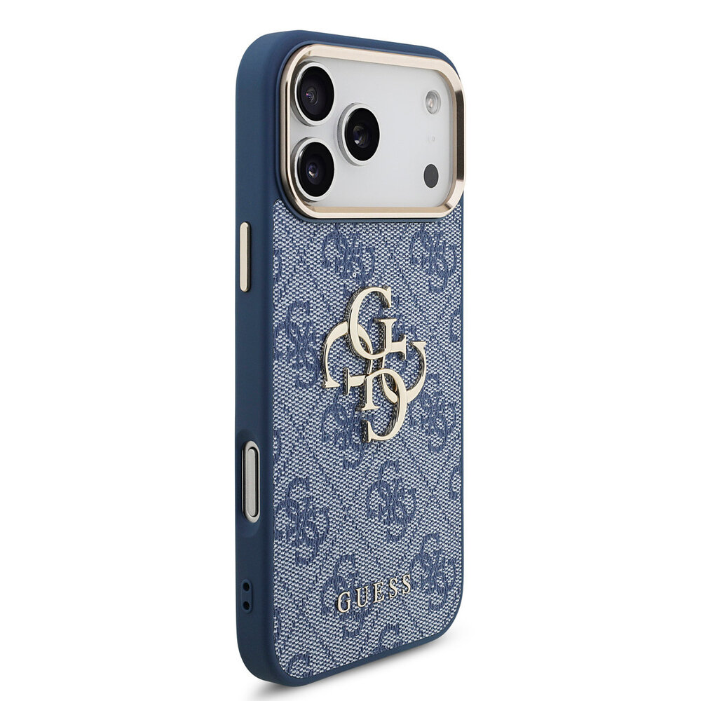 Guess Guess iPhone 17 Pro Max Backcover hoesje - 4G - Big Metal Logo - Gold Edge - Blauw Guess Guess iPhone 17 Pro Max Backcover hoesje - 4G - Big Metal Logo - Gold Edge - Blauw