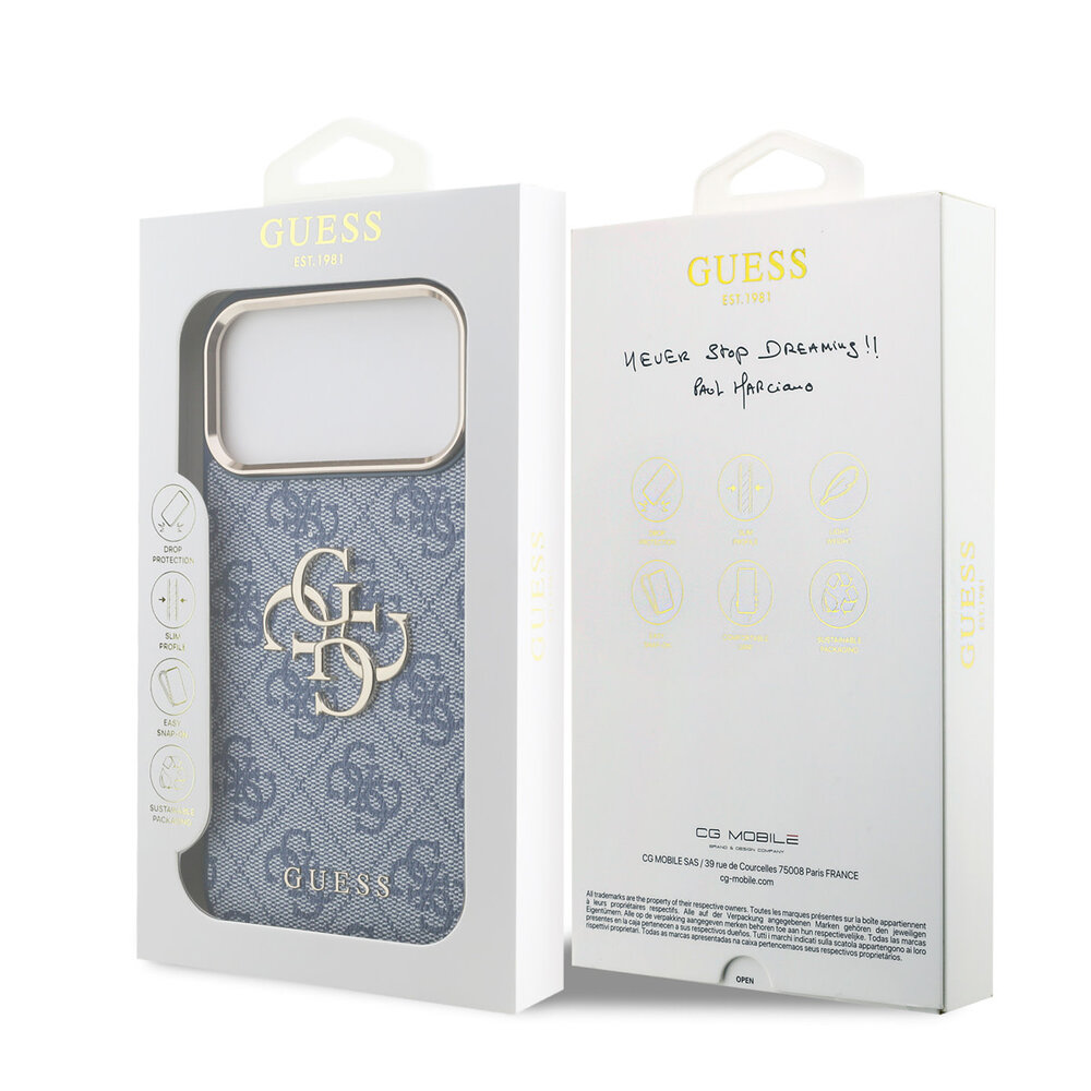 Guess Guess iPhone 17 Pro Max Backcover hoesje - 4G - Big Metal Logo - Gold Edge - Blauw Guess Guess iPhone 17 Pro Max Backcover hoesje - 4G - Big Metal Logo - Gold Edge - Blauw