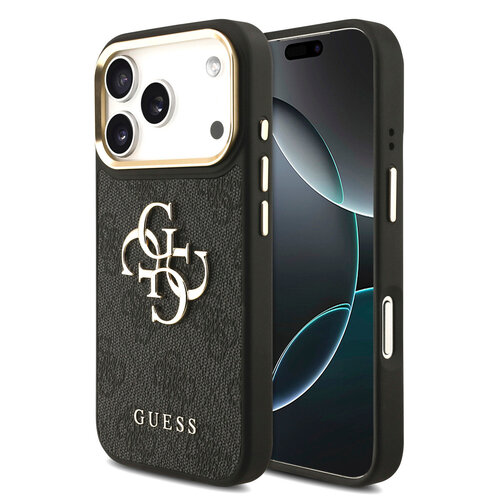 Guess Guess iPhone 17 Pro/iPhone 18 Pro Handyhülle 4G Großes Metalllogo Goldfarbener Rand - Schwarz