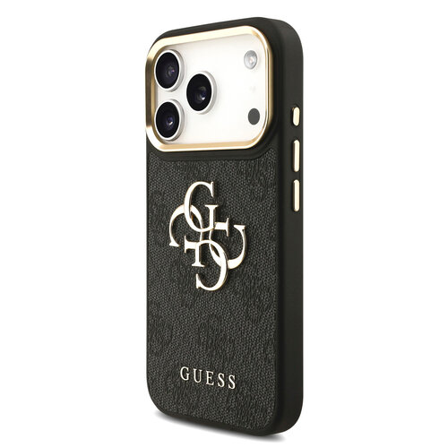 Guess Guess iPhone 17 Pro/iPhone 18 Pro Coque arrière 4G Grand logo métallique Bord doré - Noir