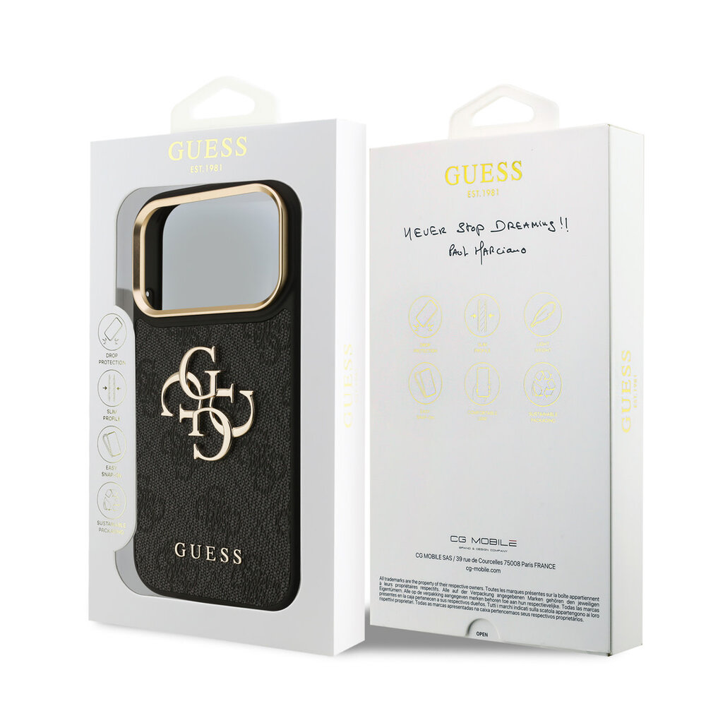 Guess Guess iPhone 17 Pro Back cover case - 4G - Big Metal Logo - Gold Edge - Black Guess Guess iPhone 17 Pro Back cover case - 4G - Big Metal Logo - Gold Edge - Black