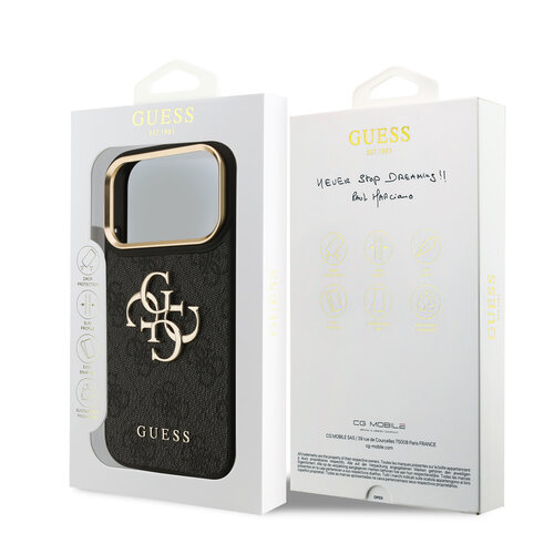 Guess Guess iPhone 17 Pro/iPhone 18 Pro Handyhülle 4G Großes Metalllogo Goldfarbener Rand - Schwarz