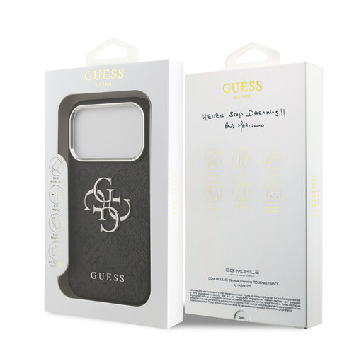 Guess Guess iPhone 17 Pro/iPhone 18 Pro Coque arrière 4G Grand logo métallique Bord argenté - Noir