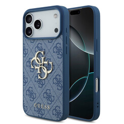 Guess iPhone 17 Pro Max/iPhone 18 Pro Max Coque arrière 4G Grand logo métallique - Bleu