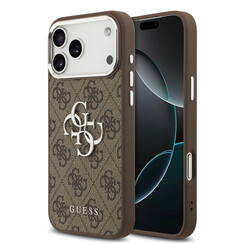 Guess iPhone 17 Pro Max/iPhone 18 Pro Max Coque arrière 4G Grand logo métallique Bord argenté - Marron