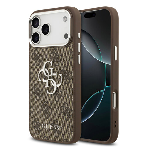 Guess Guess iPhone 17 Pro Max/iPhone 18 Pro Max Coque arrière 4G Grand logo métallique Bord argenté - Marron