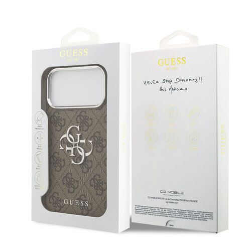Guess Guess iPhone 17 Pro Max/iPhone 18 Pro Max Coque arrière 4G Grand logo métallique Bord argenté - Marron