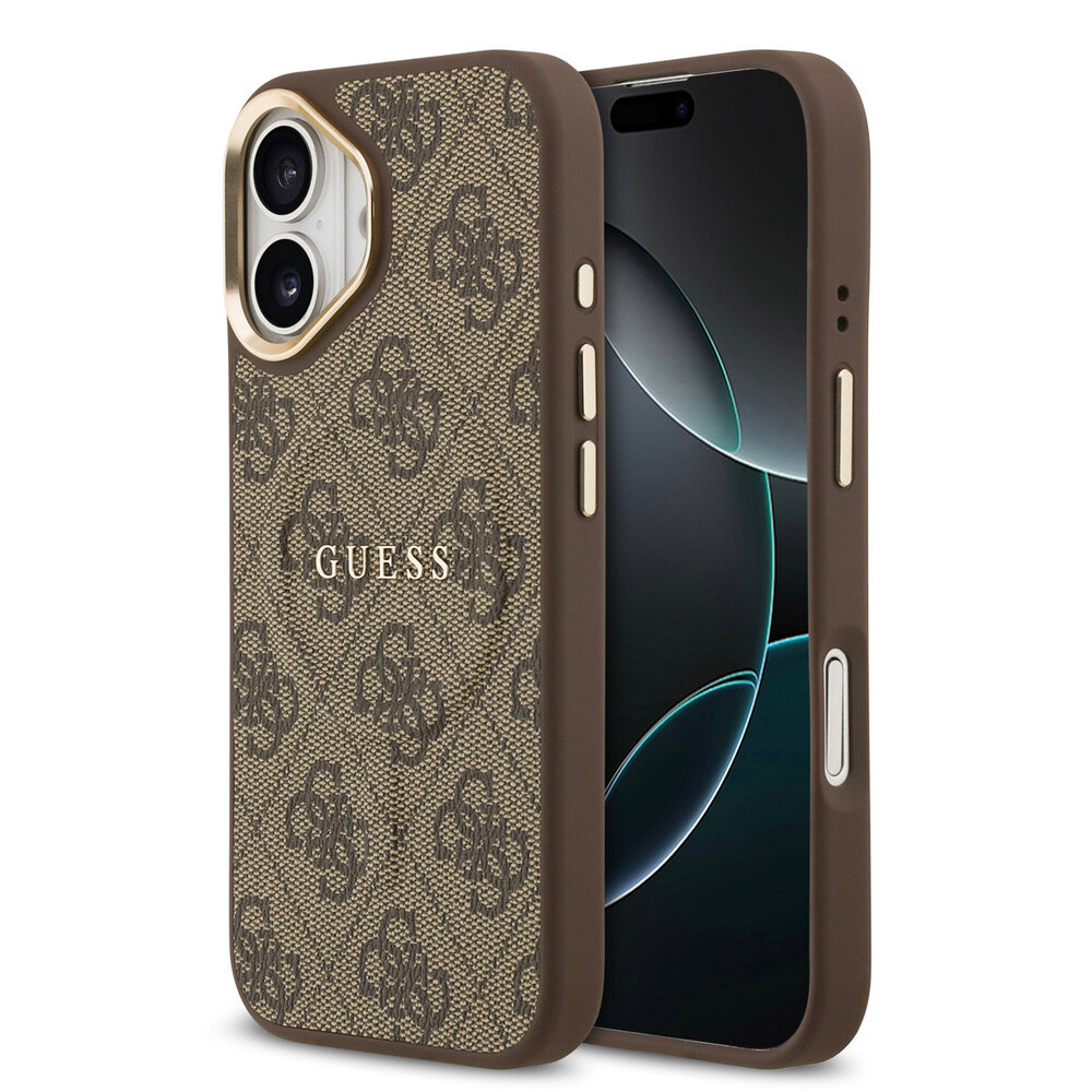 Guess Guess iPhone 17 Backcover hoesje - Magsafe - 4G Classic Logo - Gold Edge - Bruin Guess Guess iPhone 17 Backcover hoesje - Magsafe - 4G Classic Logo - Gold Edge - Bruin