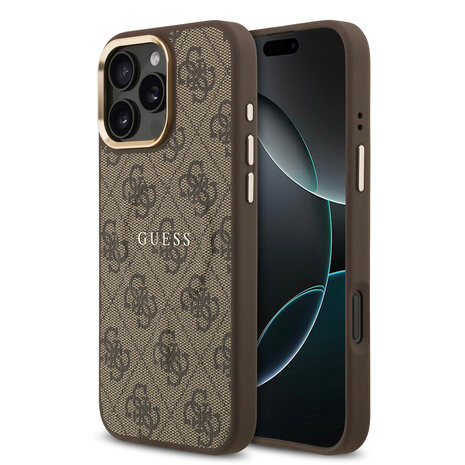 Guess Guess iPhone 16 Pro Max Back-Cover hul - Magsafe PU Leather - 4G Classic Logo - Gold Edge - Braun Guess Guess iPhone 16 Pro Max Back-Cover hul - Magsafe PU Leather - 4G Classic Logo - Gold Edge - Braun