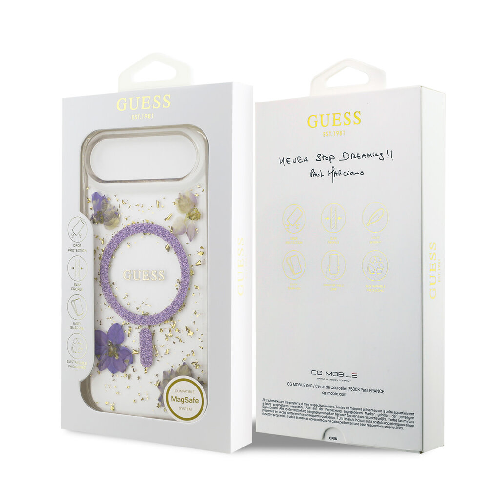 Guess Guess iPhone 17 Air Back cover case - Magsafe - Resin Flowers Design - Purple Guess Guess iPhone 17 Air Back cover case - Magsafe - Resin Flowers Design - Purple