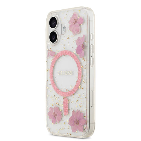 Guess Guess iPhone 17 Backcover hoesje - Magsafe - Resin Flowers Design - Roze Guess Guess iPhone 17 Backcover hoesje - Magsafe - Resin Flowers Design - Roze