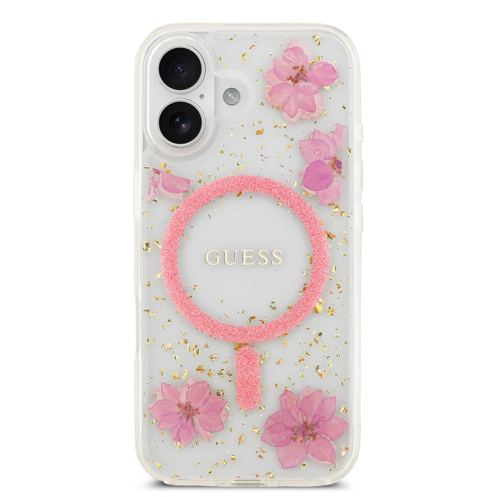 Guess Guess iPhone 17 Backcover hoesje - Magsafe - Resin Flowers Design - Roze Guess Guess iPhone 17 Backcover hoesje - Magsafe - Resin Flowers Design - Roze