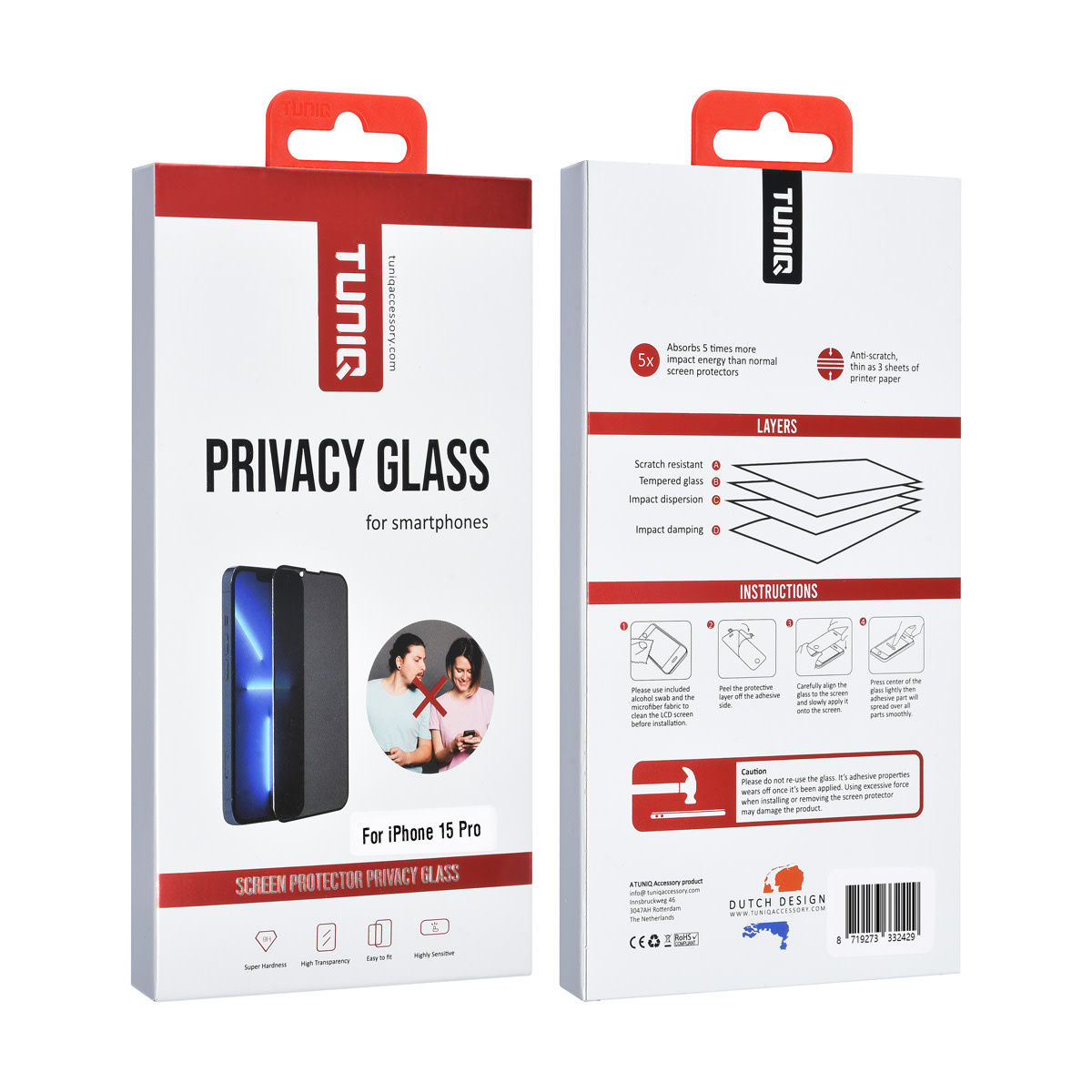 TUNIQ box of 10 - TUNIQ iPhone 15 Pro Screenprotector - Privacy Glass - Zwart, foto 2 van 2