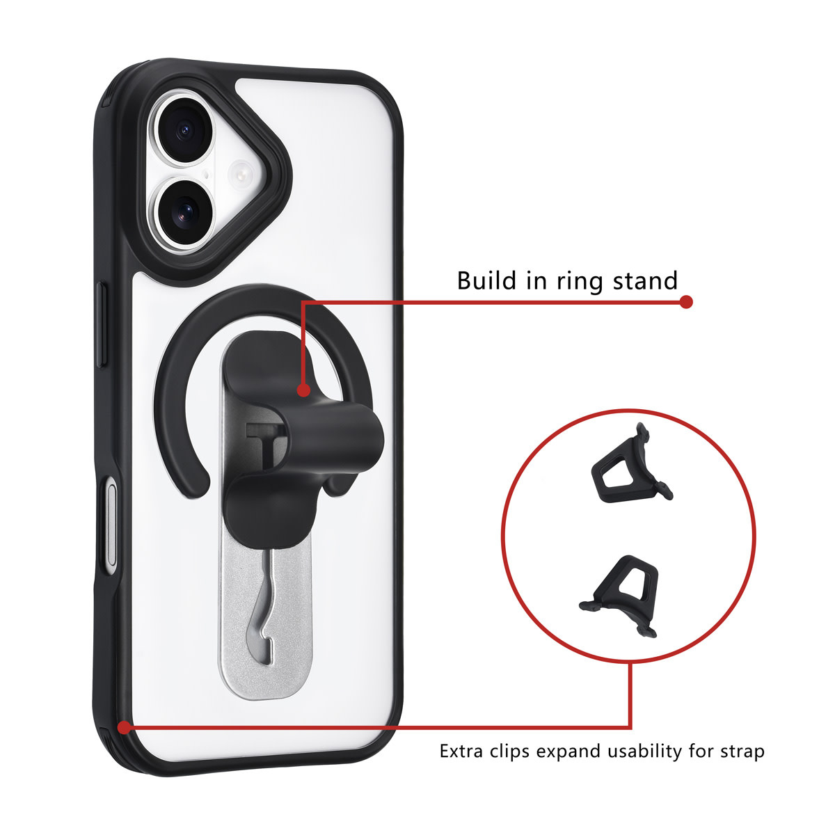 TUNIQ TUNIQ iPhone 16 Backcover hoesje - Built-in Ring Stand - Antishock - Zwart, foto 2 van 4