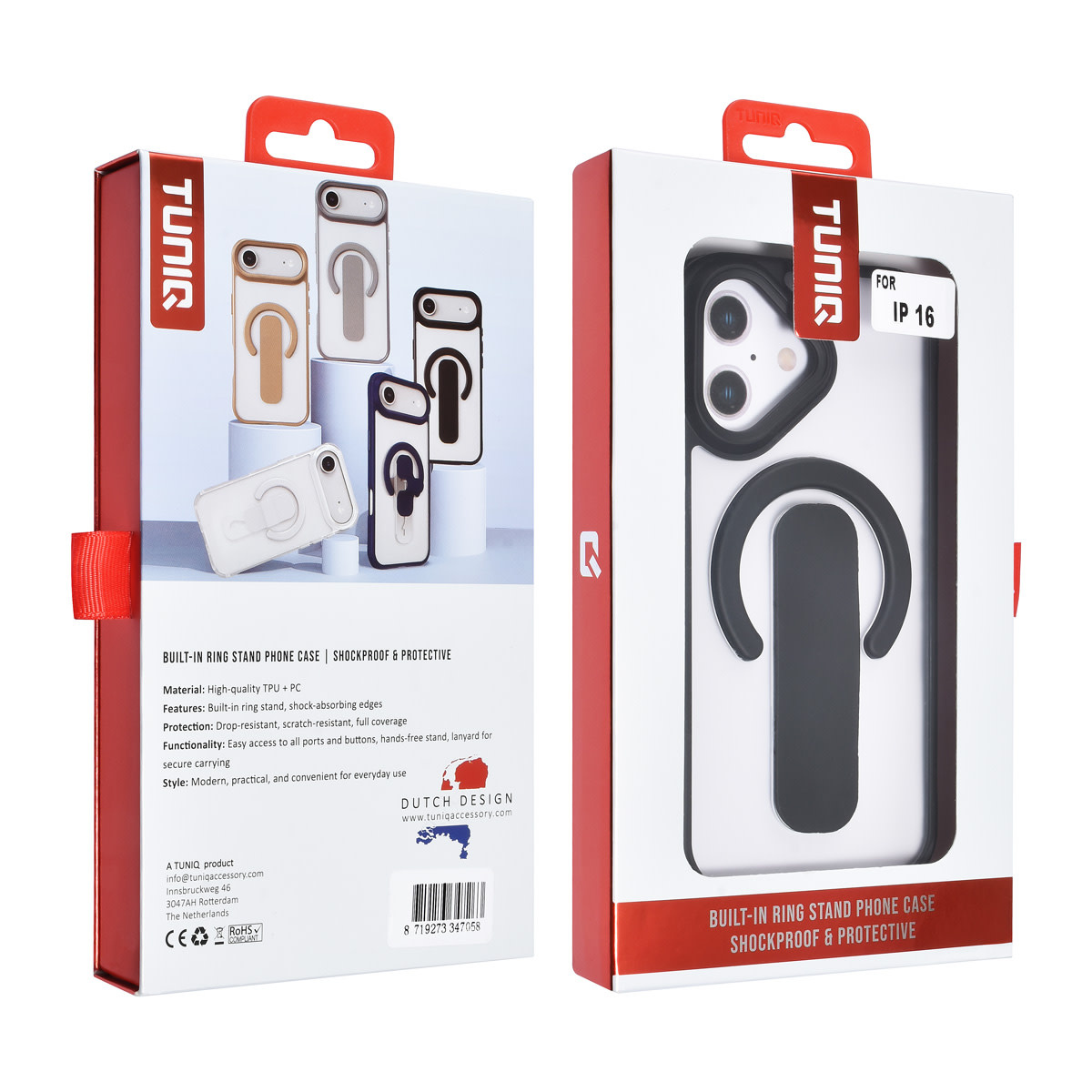 TUNIQ TUNIQ iPhone 16 Backcover hoesje - Built-in Ring Stand - Antishock - Zwart, foto 4 van 4