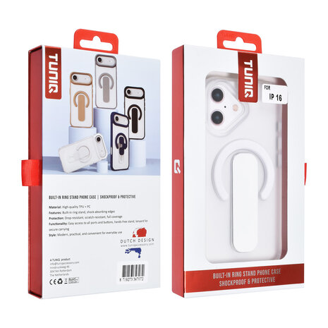 TUNIQ TUNIQ iPhone 16 Back-Cover hul - Built-in Ring Stand - Antishock - Silber TUNIQ TUNIQ iPhone 16 Back-Cover hul - Built-in Ring Stand - Antishock - Silber