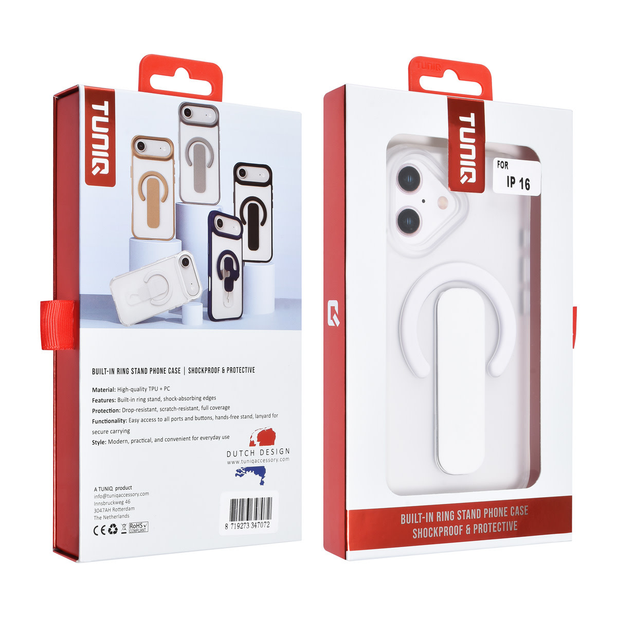 TUNIQ TUNIQ iPhone 16 Backcover hoesje - Built-in Ring Stand - Antishock - Zilver, foto 4 van 4