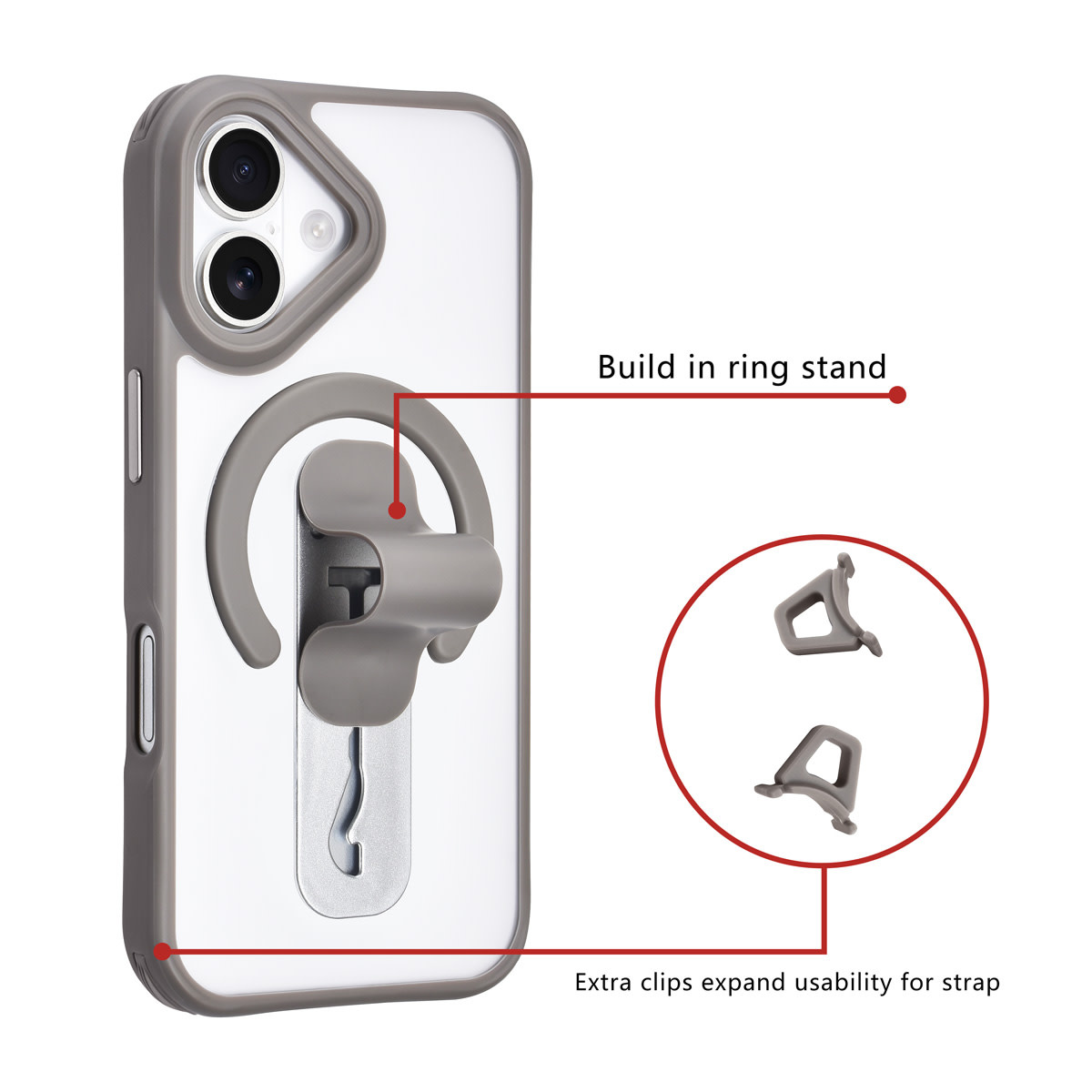 TUNIQ TUNIQ iPhone 16 Backcover hoesje - Built-in Ring Stand - Antishock - Grijs, foto 2 van 4