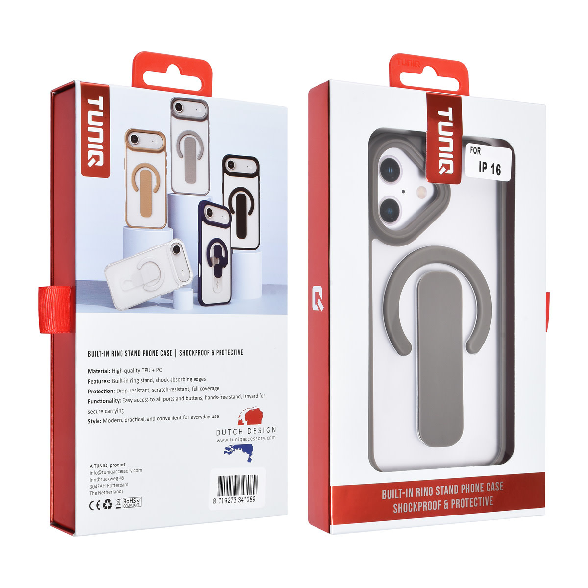 TUNIQ TUNIQ iPhone 16 Backcover hoesje - Built-in Ring Stand - Antishock - Grijs, foto 4 van 4