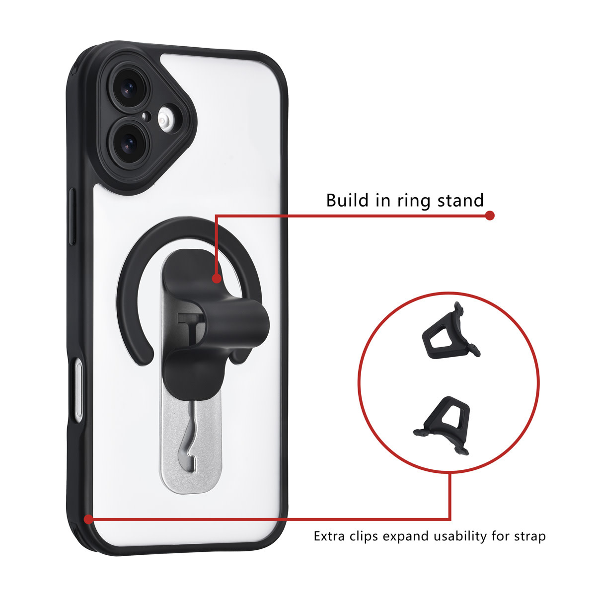 TUNIQ TUNIQ iPhone 16 Plus Backcover hoesje - Built-in Ring Stand - Antishock - Zwart, foto 2 van 4
