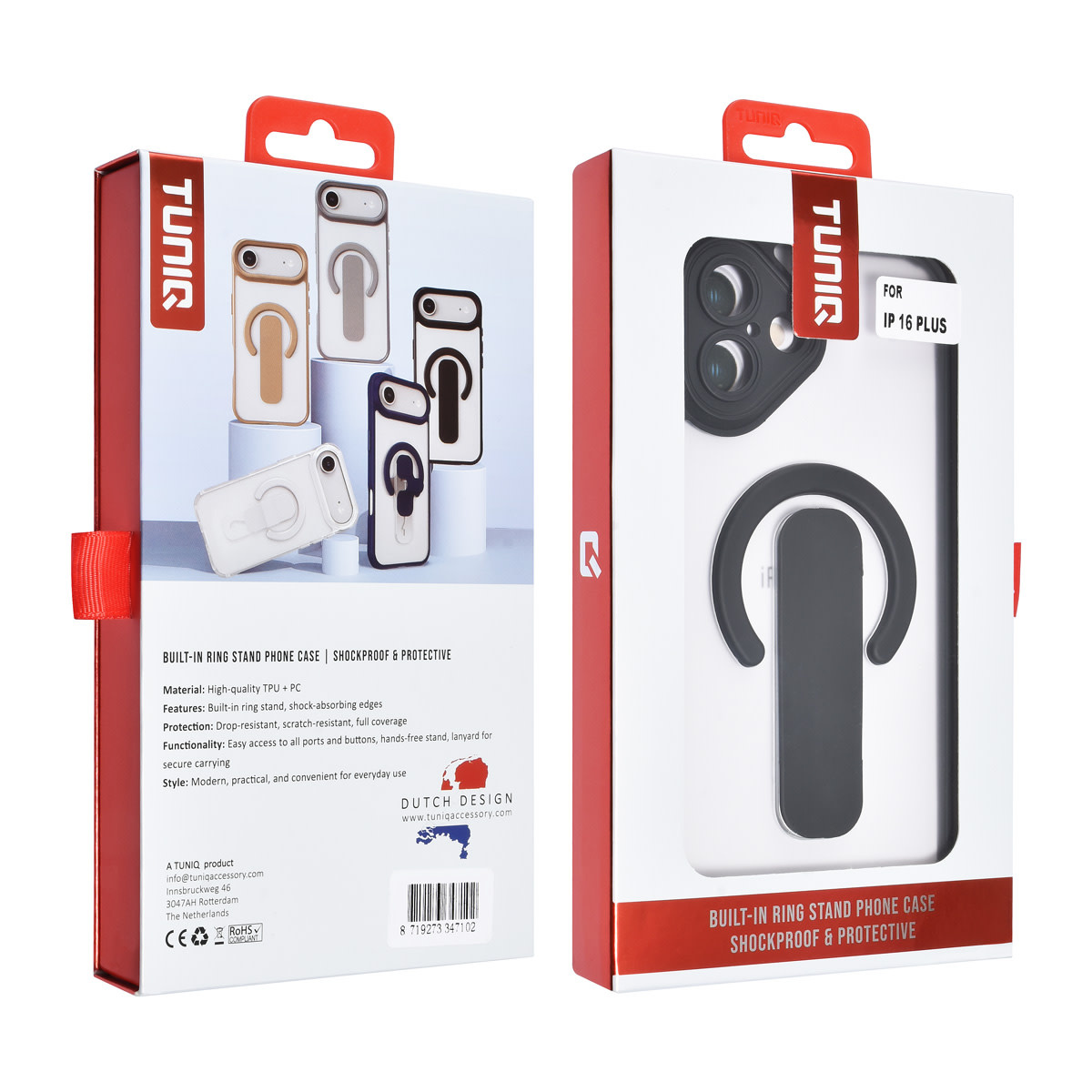 TUNIQ TUNIQ iPhone 16 Plus Backcover hoesje - Built-in Ring Stand - Antishock - Zwart, foto 4 van 4