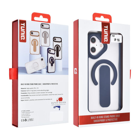 TUNIQ TUNIQ iPhone 16 Back-Cover hul - Built-in Ring Stand - Antishock - Blau TUNIQ TUNIQ iPhone 16 Back-Cover hul - Built-in Ring Stand - Antishock - Blau