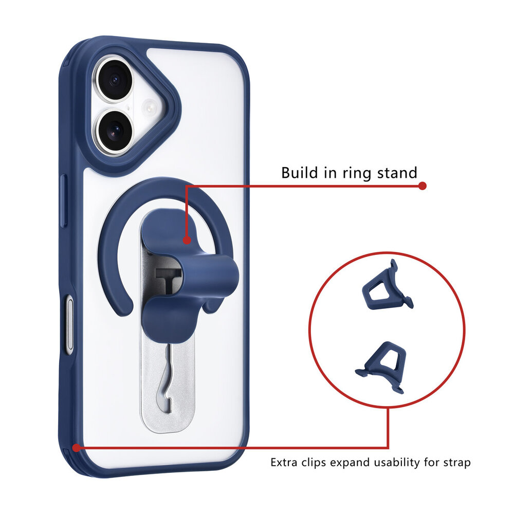 TUNIQ TUNIQ iPhone 16 Back-Cover hul - Built-in Ring Stand - Antishock - Blau TUNIQ TUNIQ iPhone 16 Back-Cover hul - Built-in Ring Stand - Antishock - Blau