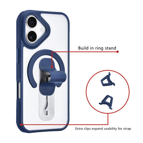 TUNIQ TUNIQ iPhone 16 Back-Cover hul - Built-in Ring Stand - Antishock - Blau TUNIQ TUNIQ iPhone 16 Back-Cover hul - Built-in Ring Stand - Antishock - Blau