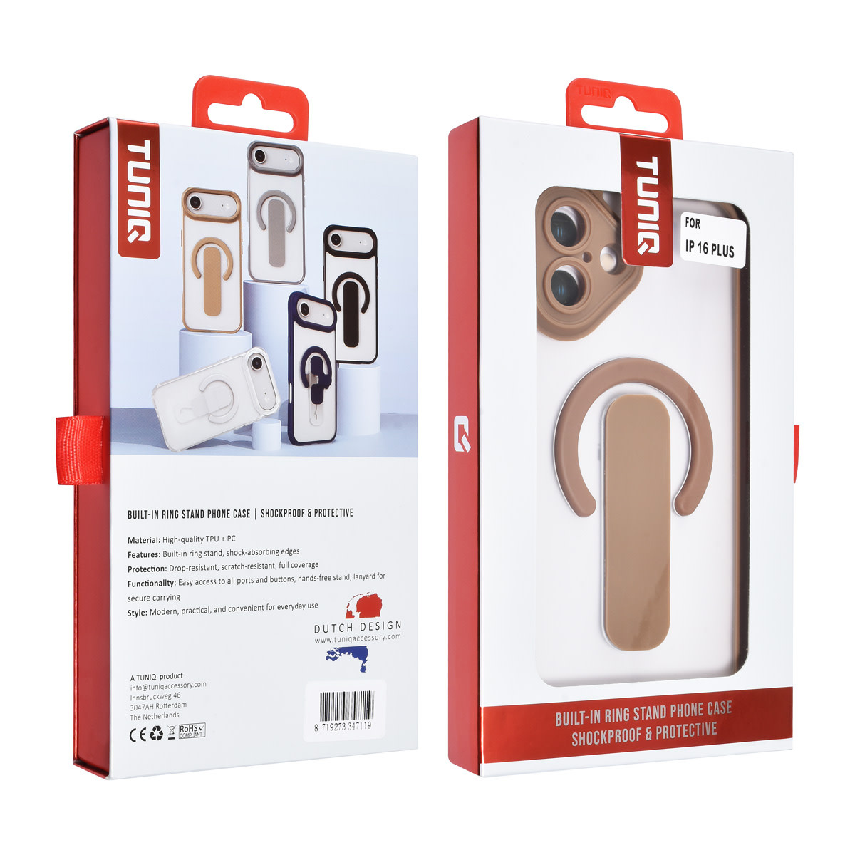 TUNIQ TUNIQ iPhone 16 Plus Backcover hoesje - Built-in Ring Stand - Antishock - Goud, foto 4 van 4